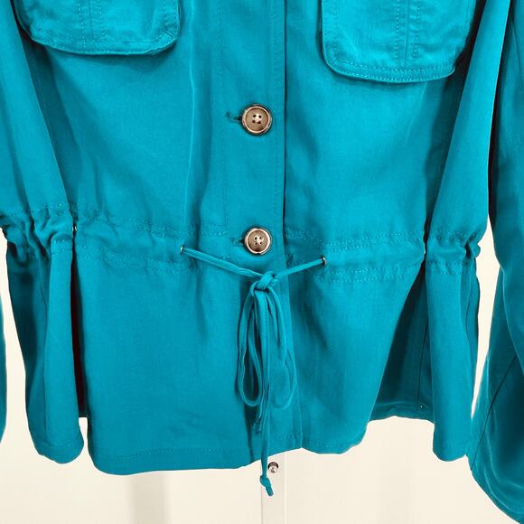 WHBM Aqua Blue Button Up Lightweight Drawstring Waist Bold Vivid Shirt Jacket 8 - Picture 4 of 12